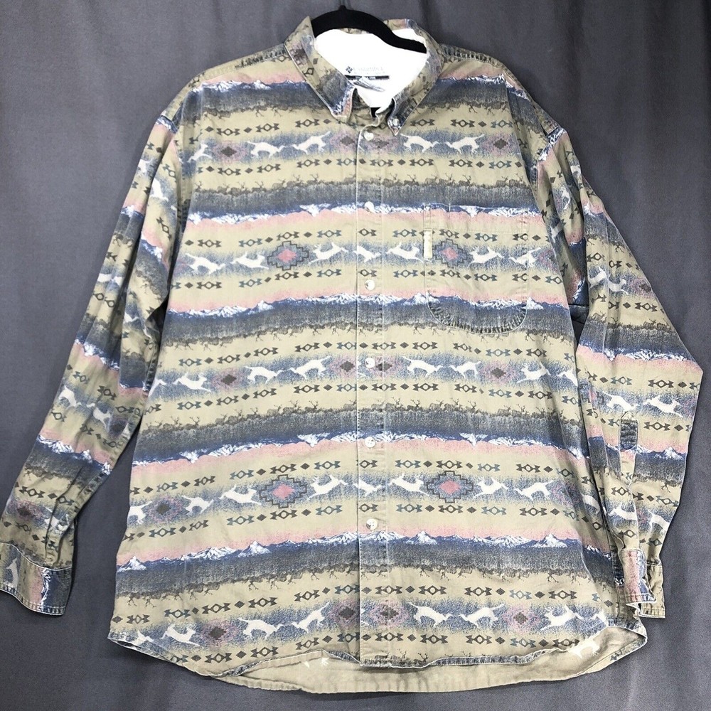 Columbia Button Shirt Mens Extra Large Green River Lodge Print Deer Hunting XL